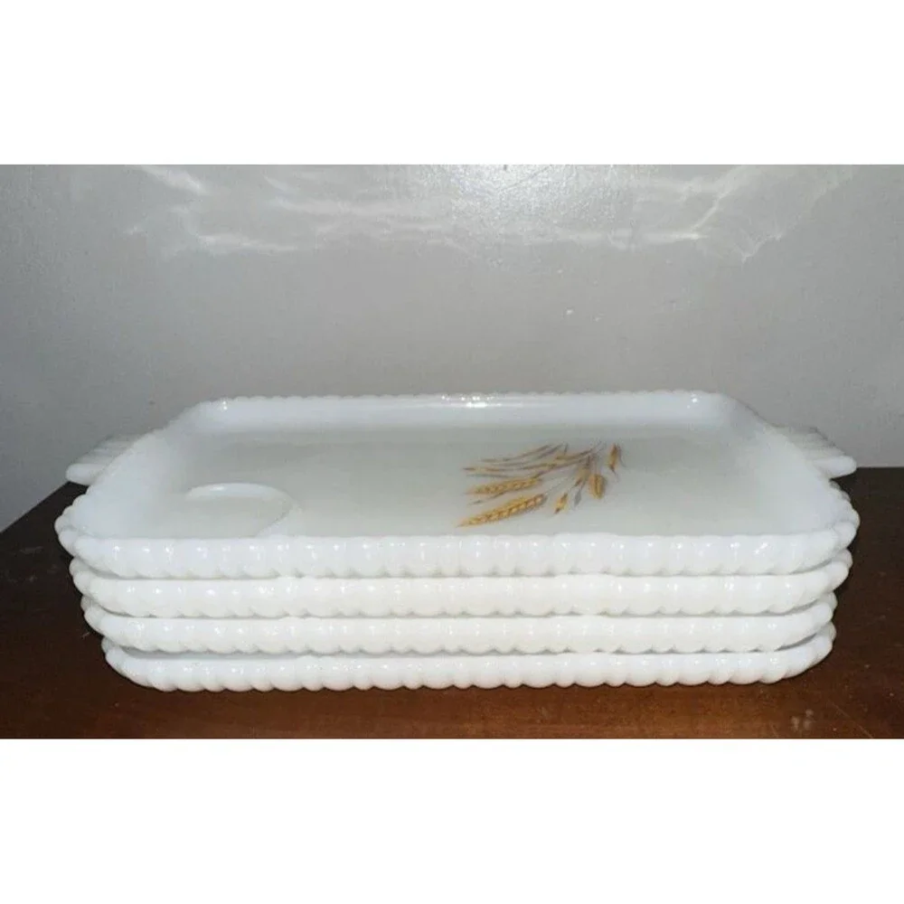 VTG Set of 4 Anchor Hocking Fire King Milk Glass Wheat Snack Plates